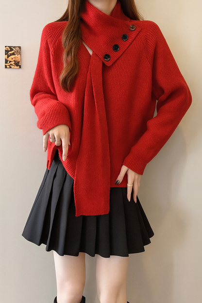 Detachable Scarf V Neck Sweater