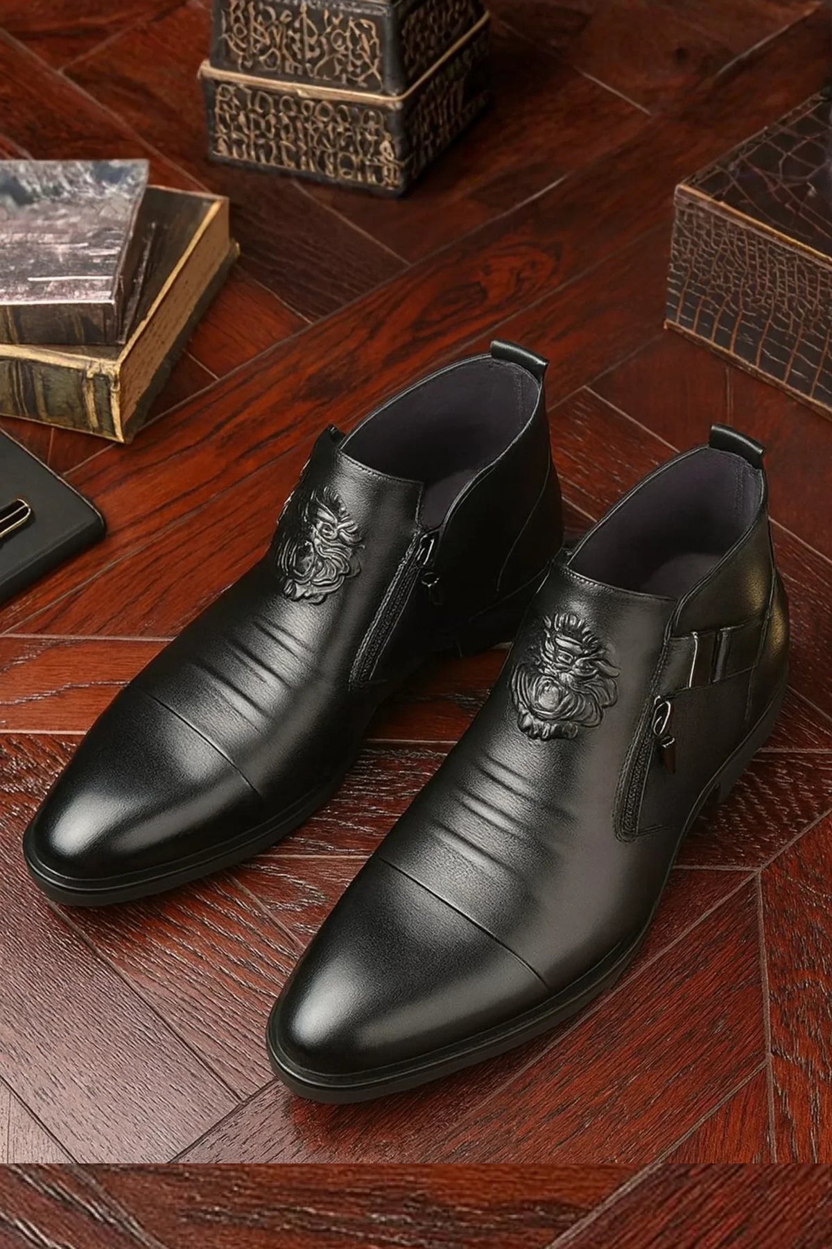 Embossed Leather Zip Boots